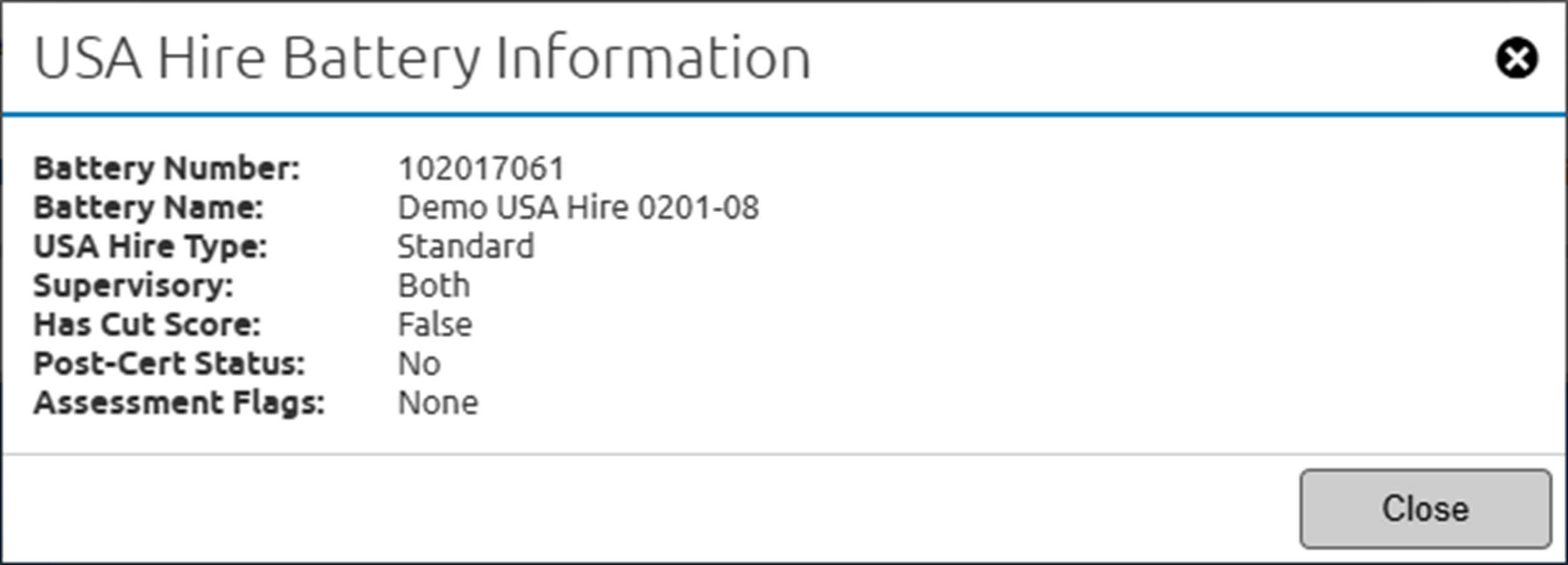 USA Hire Battery Information pop-up