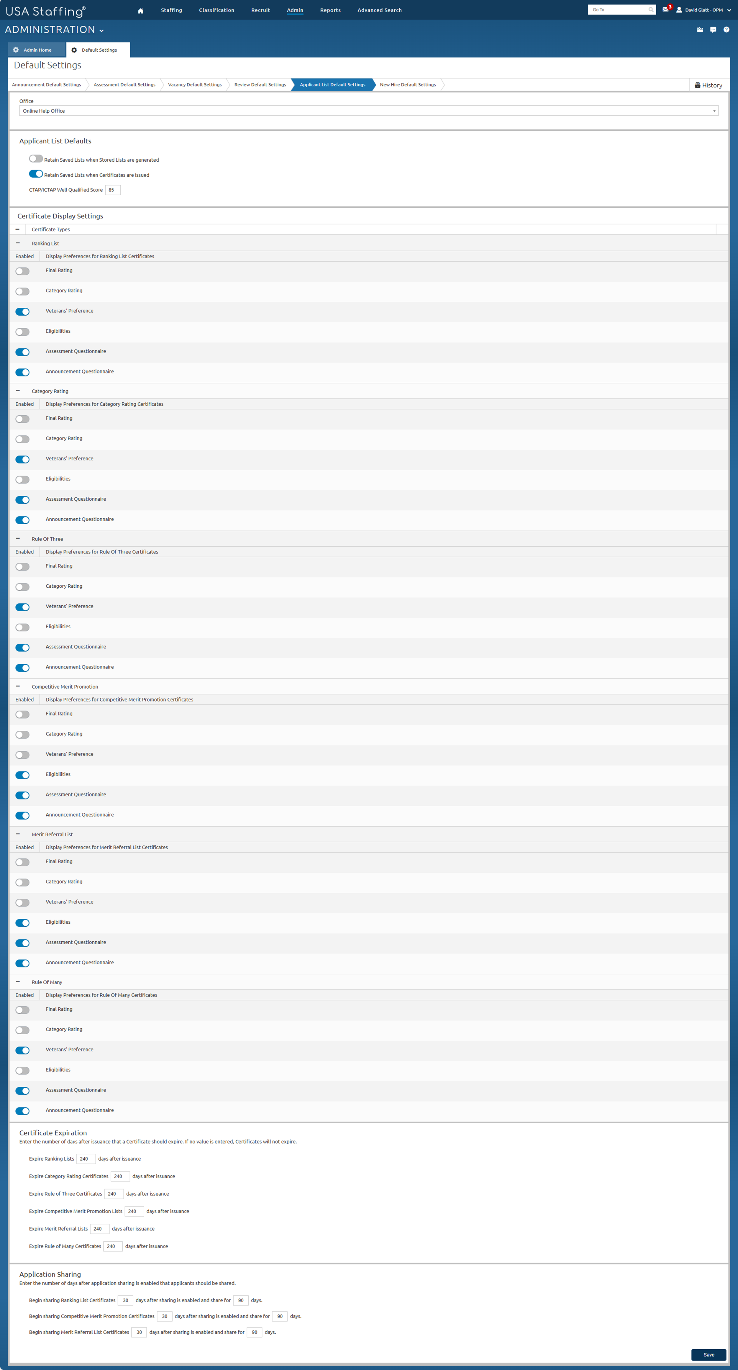 Applicant List Default Settings