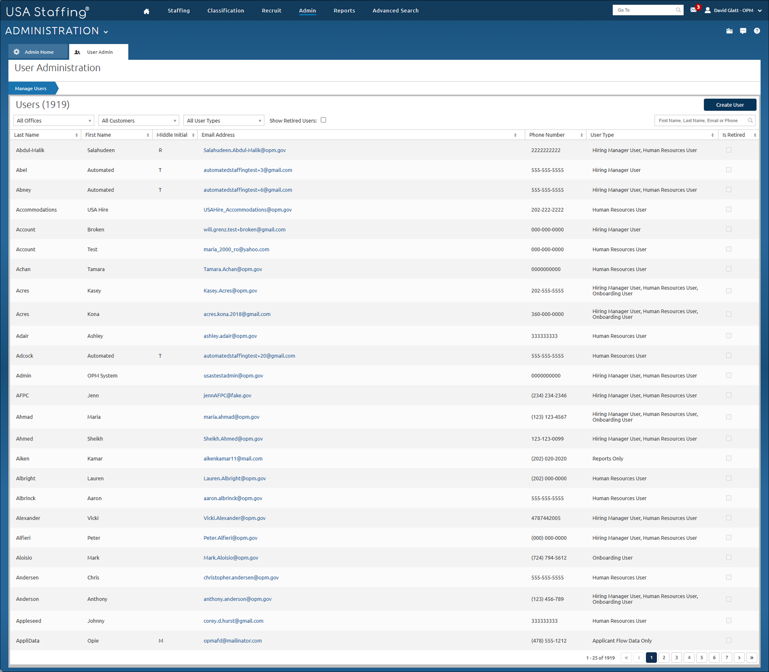 Manage Users page