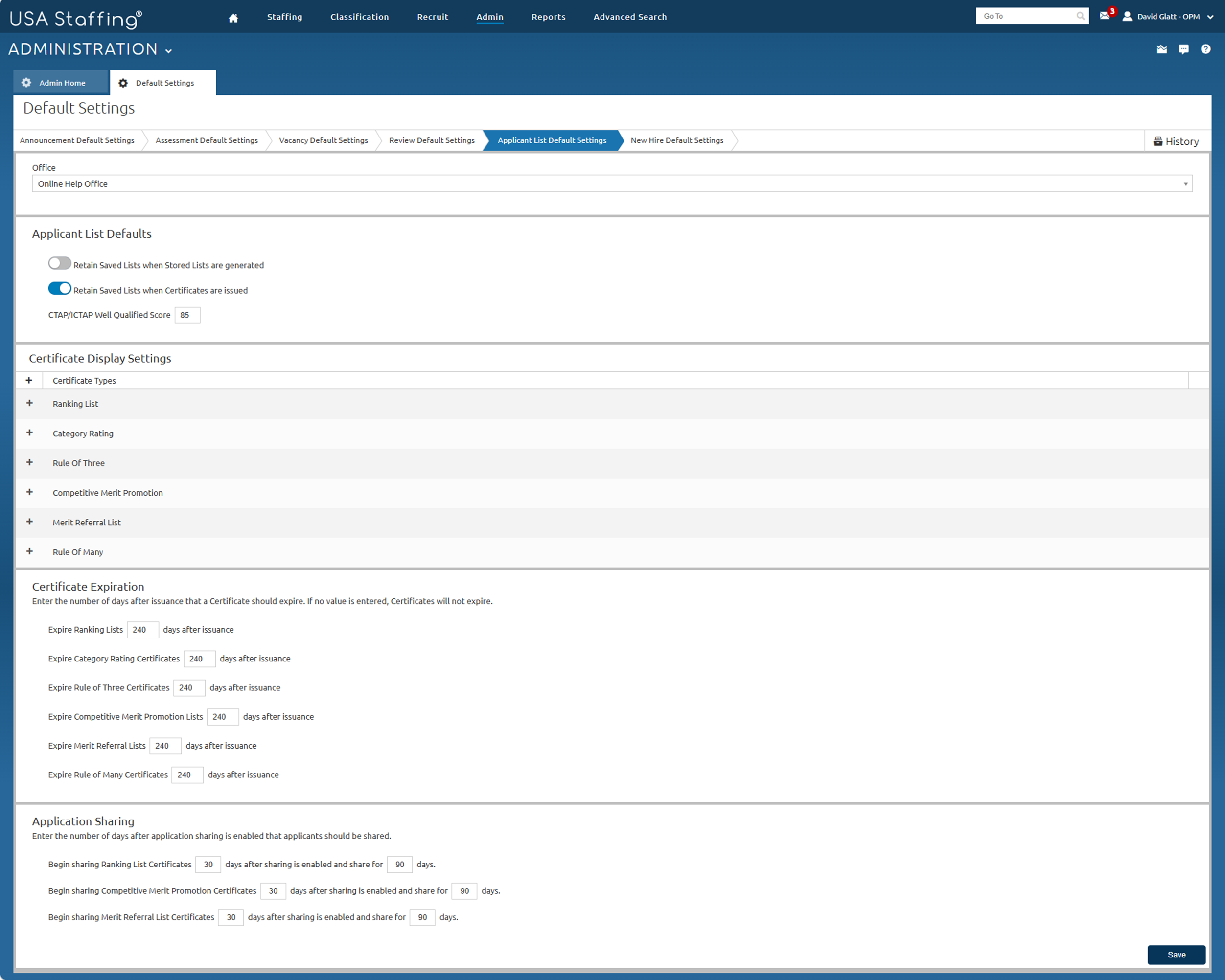 Applicant List Default Settings Certificate display closed