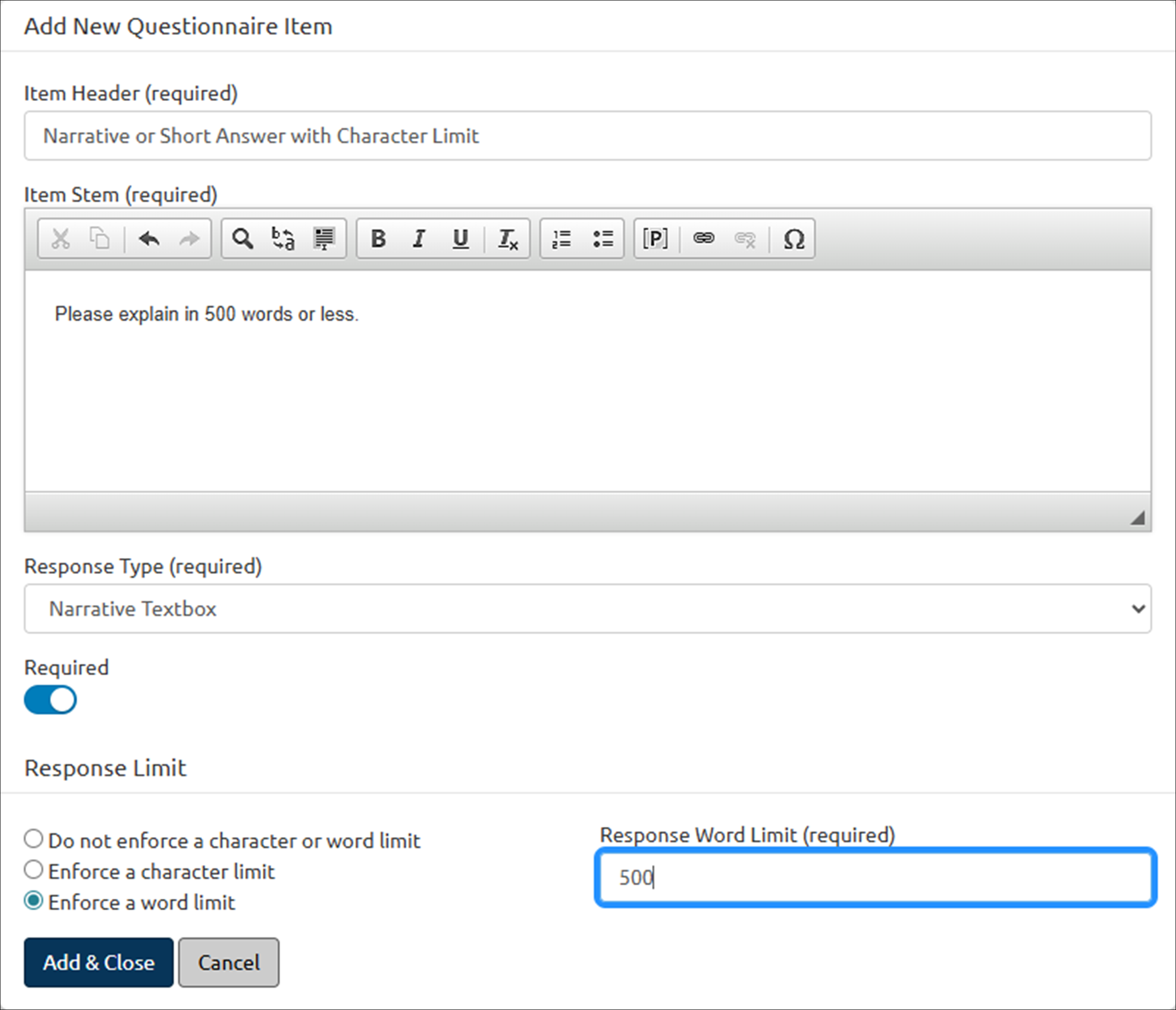 Add a new questionnaire item showing response word limit