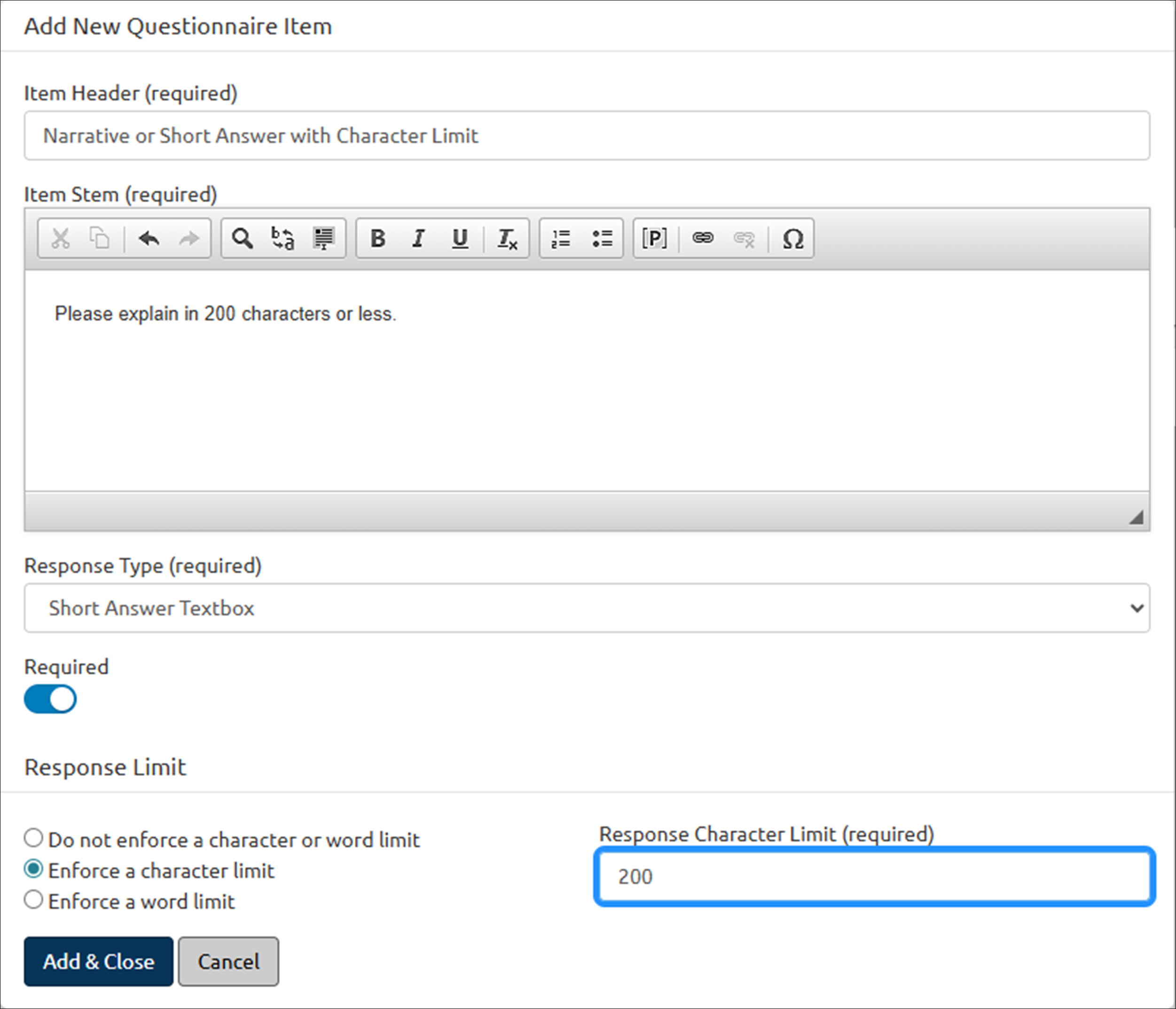 Add a new questionnaire item showing response character limit