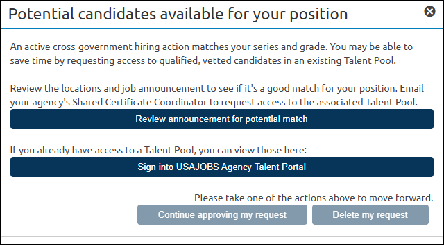 Potential match pop up need to review potential match announcements or sign in to USAJOBS Agency Talent Portal to review matches pop up