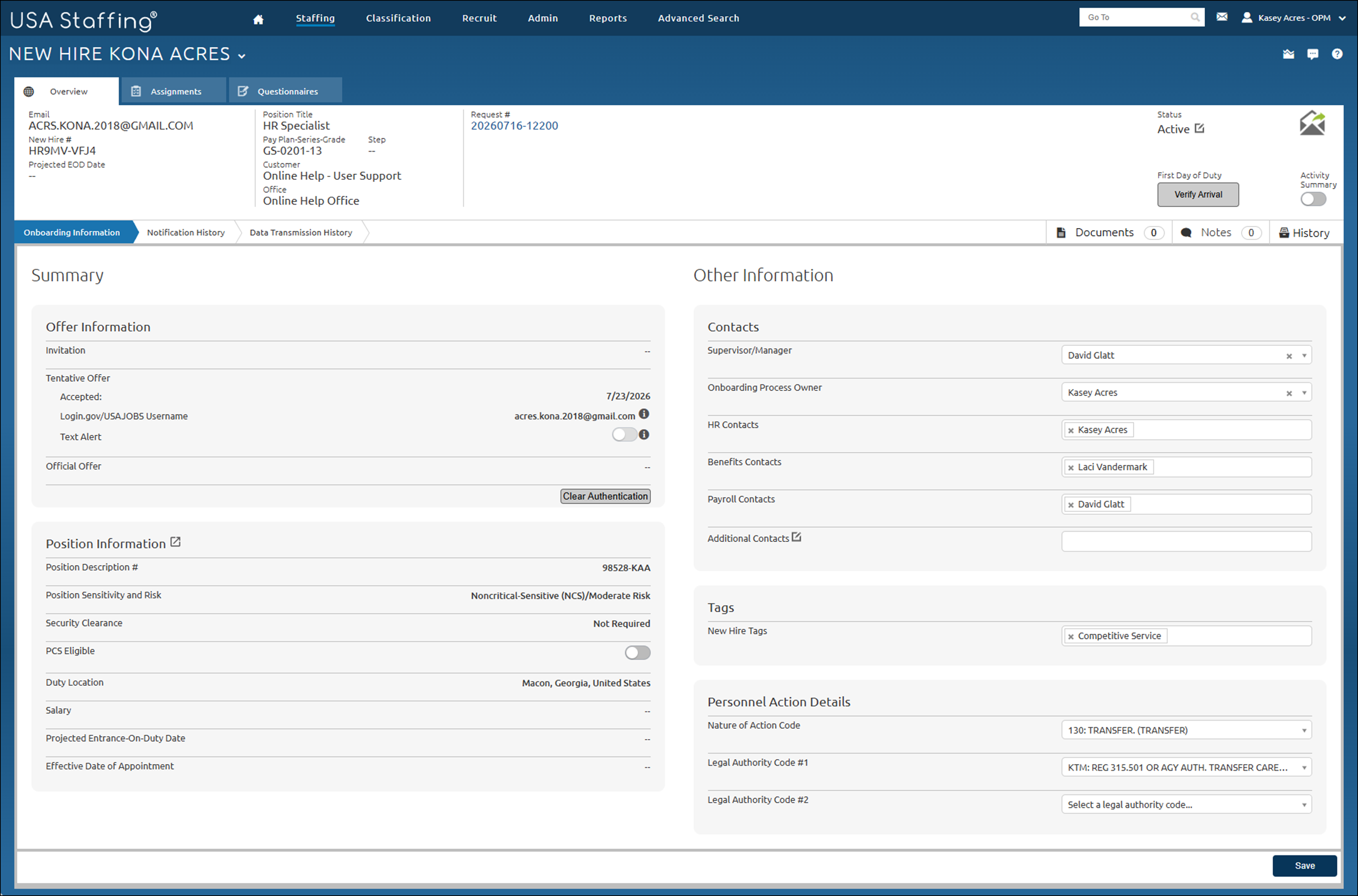  New Hire Overview page
