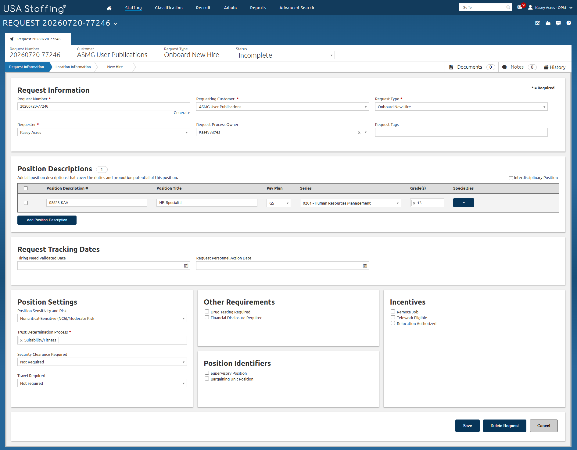 Create New Hire Request Information page