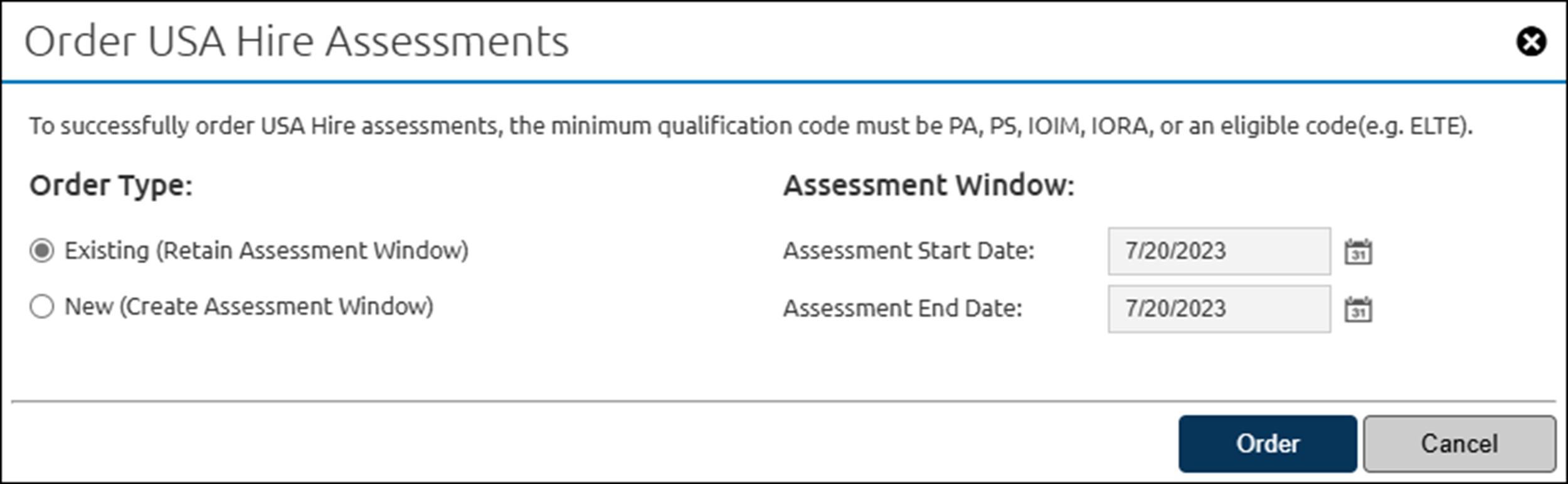 Ordering a USA Hire assessment order screen
